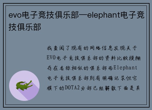 evo电子竞技俱乐部—elephant电子竞技俱乐部